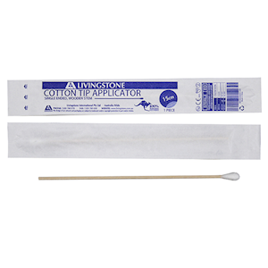 Livingstone Cotton Tip Applicator, Single Tipped, Biodegradable Wooden Stem, 15cm, Sterile, 1 Piece/Pack, 100 Packs/Bag Bag