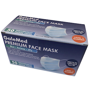 Galemed Face Mask, Top Level 3 Barrier, Ear Loop, Non-Therapeutic Use, 3-Ply, Latex Free, Blue, Single Pack, 50 packs/Box Box