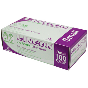 Out of Date, Lincon Latex Exam Gloves, Low Powder, ASTM, Biodegradable, 5.5g Small, 100/Box, Price Discounted While Stocks last