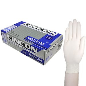 Out of Date, Lincon Latex Exam Gloves, Powder Free, ASTM HACCP Biodegradable 5.5g Medium Cream 100/Box Price Discounted While Stocks last Box
