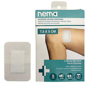 Nema Adhesive Island Dressing with Non-Adherent Pad, Nonwoven, 7.5 x 5cm, White, Sterile, 5/Retail Box Box