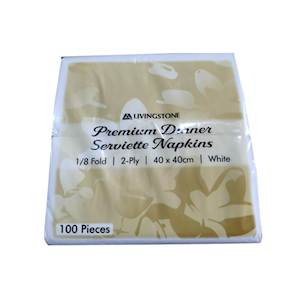 Livingstone Premium Dinner 1/8 Fold Serviette Napkins, 2-Ply, 40 x 40cm, White, 1000 Sheets/Carton Carton