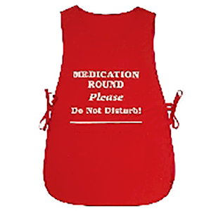 Apron Popover, 43 x 77cm, 190-200GSM, Self-Binding & Ties, 3 Section Pockets, Red with "Medication Round-Do Not Disturb" White Print, Each Each