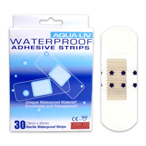 Out of Date, Aqua-Liv Transparent Waterproof First Aid Adhesive Strips, with Pad, 7.3 x 2.5cm, 30/Box, Price Discounted, While Stocks last Box