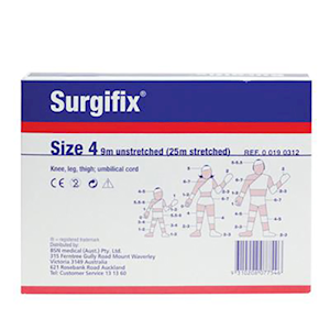 Surgifix Tubular Bandage, Size 4 or F, Width: 2.8cm, Knee, Leg, Thigh and Umb Cord, 9 Metres Unstretched, 25 Metres Stretched/Box Each