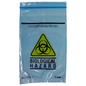 Livingstone Biohazard Specimen Bag, 16x24.5cm, 3-Ply, 2 Compts, Zip Compt, 2-Ply, 45um, Pouch Compt, 1-Ply, 32um, Blue Tint, Each Each