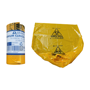 Livingstone Premium Clinical Waste Bags, 70 x 80cm, 75L, 35um, Yellow, 25 Pieces/Roll, 10 Rolls/Carton Carton