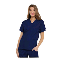 Scrub Shirt, Women Short Sleeve Top, V-Neck, Side Seam Vent, Patch & Interior Pockets, Navy, 26.5", Free Size, Standard, Each Each