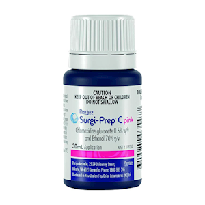 Perrigo Surgi-Prep® C Sanitiser, Hand Rub, Chlorhexidine Gluconate 0.5pct and Ethanol 70pct, 30ml, Pink, Each Each
