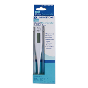 Livingstone Digital Clinical Thermometer, with Beeper, Memory and Child Safe Cover, 32 to 42.9degC, TGA 346532, Each