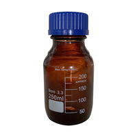 Lincon Lab Reagent Bottle, 250mL, 70 x 143(H) mm, GL45, Amber, Blue PP Cap and Outlet Ring, Borosilicate Glass, 1/Box Each
