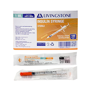 Livingstone Insulin Syringes, 0.3ml, with White Plunger, with Needle 31 Gauge x 0.32 Inch, 8mm, Sterile, 100 Pieces/Box Box
