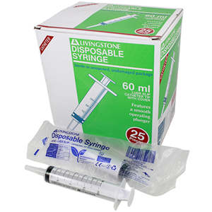 Out of Date, Livingstone Syringe, 60ml, Catheter Tip with Cap Latex Free Hypoallergenic Sterile 25/Box Price Discounted While Stocks last Box