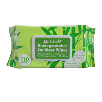 Liv Eco Biodegradable Sanitiser and Disinfectant Wipes, 18 x 22cm, 45GSM, 100pct Bamboo Cross, 110/Pack, Loose Pack