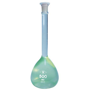 Volumetric Flask, 500ml, Class A, with Plastic Stopper, Borosilicate Glass, Made in Europe, Each Each