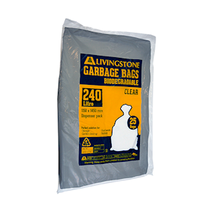 Livingstone Garbage Bag Bin Liner, 240 Litres, 115 x 145cm, 30um, Heavy Duty, HDPE, Recyclable, Star Seal, Black, 25/Pack, 200/Carton Carton