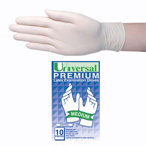 Out of Date, Universal Premium Latex Gloves, Low Powder, Biodegradable, 6.5g, Large, 10/Pack, Price Discounted, While Stocks last