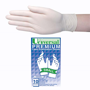 Out of Date, Universal Premium Latex Gloves, Low Powder, Biodegradable, 6.5g, Large, 10/Pack, Price Discounted, While Stocks last