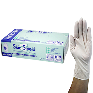 Out of Date, Skin Shield Latex Exam Gloves, Powder Free, AS/NZ HACCP Biodegradable 6.0g Medium Cream 100/Box Discounted While Stocks last Box