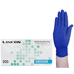 Lincon Nitrile Examination Gloves, ASTM Standard, Powder Free, EN374, Medium, Cobalt Blue, HACCP Grade, 200 Pieces/Box 2000/Carton Carton