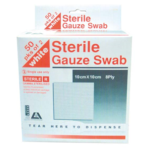 Out of Date, Gauze Swabs, 10x10cm, 8ply,100pct Cotton White, 2/PK, 50PK/BX, Original Unopened Condition, Price Discounted, While Stocks last Box