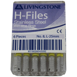 Livingstone H-Files, 25mm, No. 08, Stainless Steel, Colour-Coded, 6/Pack