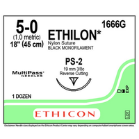 1666G Ethilon Nylon Suture, Size 5-0, Length 18", Black Monofilament, FS-1 Needle, Prime Reverse Cutting, Non Absorbable, 12/Box Box