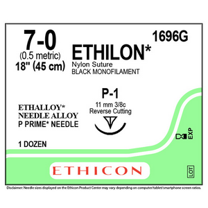 Ethilon Nylon Suture 7/0, 45cm, P-1 11mm, Black, Polyamide, 1696G 12/Box Pack