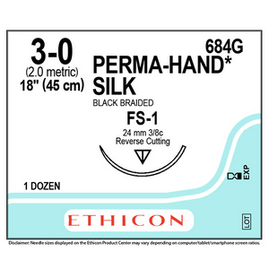 684G Ethicon PERMAHAND Silk Suture, Size 3-0, Length 18", Black Braided, FS-1 Needle, Reverse Cutting, Non Absorbable, 12/Box Box