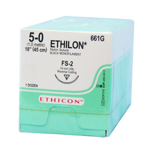 661G Ethilon Nylon Suture, Size 5-0, Length 18", Black Monofilament, FS-2 Needle, Reverse Cutting, Non Absorbable, 12/Box Box