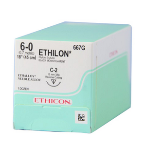 667G Ethilon Nylon Suture, Size 6-0, Length 18", Black Monofilament, C-2 Needle, Reverse Cutting, Non Absorbable, 12/Box Each