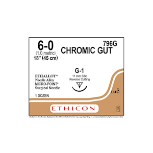 Johnsons and Johnsons Ethicon Surgical Chromic Gut Sutures, Undyed, 45cm, 6-0 G-1 11mm, 12/Box Box
