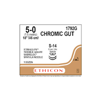 Johnsons and Johnsons Ethicon Surgical Chromic Gut Sutures, Undyed, 45cm, 5-0 S-14 8mm, 12/Box Box