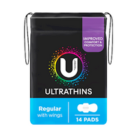 U By Kotex Ultrathins Pads, Regular with Wings, 14 Pcs/Pack, 6 Packs/Carton