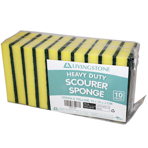 Livingstone Green Scourer with Yellow Sponge, 15 x 10 x 3cm, Heavy Duty, 10 Pieces/Pack, 5 Packs/Carton, 50/Carton Carton