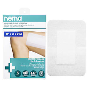 Nema Adhesive Island Dressing with Non-Adherent Pad, Nonwoven, 12 x 8.2cm, White, Sterile, 5/Retail Box Box