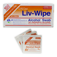 Out of Date, Unopened Condition, Price Discounted, Liv-Wipe Mini Alcohol Swabs Prep Pad 70pct Isopropyl Alcohol Sanitiser 62 x 30mm 100/Box Box