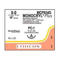Ethicon Monocryl Plus Sutures Antibacterial Undyed Length 45cm 13mm Size 5-0 PC-1, 3/8 Circle Conventional Cutting Prime Absorbable 12/Box