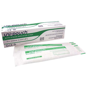 Out of Date, Uni-Pouch Sterilisation Pouch, with Indicator Strips, 70 x 230mm, 200/Box, Price Discounted, While Stocks last Box