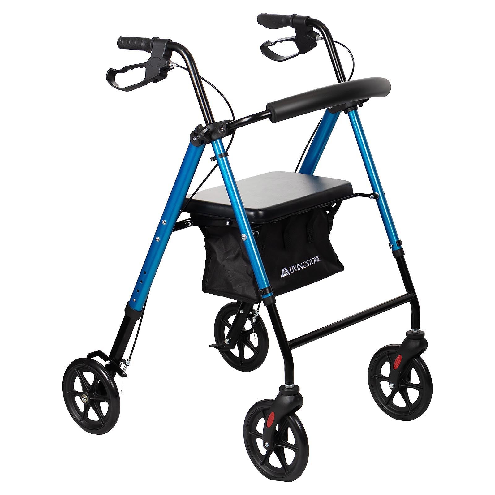 Livingstone Rollator Walker, 4 Wheel, with Padded Seat and Bag, Blue, Each