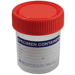 Specimen Sample Container, Urine Jar, 60-70ml, Unsterile, w/Red Cap, Labelled, Recyclable PS, 500/Carton Carton
