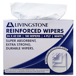 Livingstone Reinforced Pop-Up Wipers, 20pct Savings on Wypall X50, 4-Ply, 24 x 42cm, White, 160/Box, 640/Carton